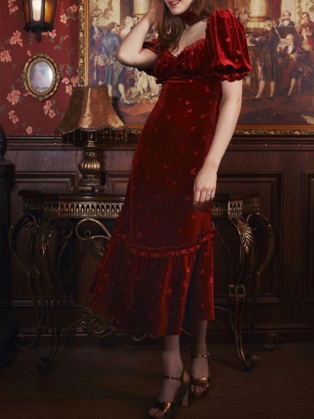 Lait Collection Winnie Red Velvet Puff Sleeve Midi Dress Boho Victorian XSmall